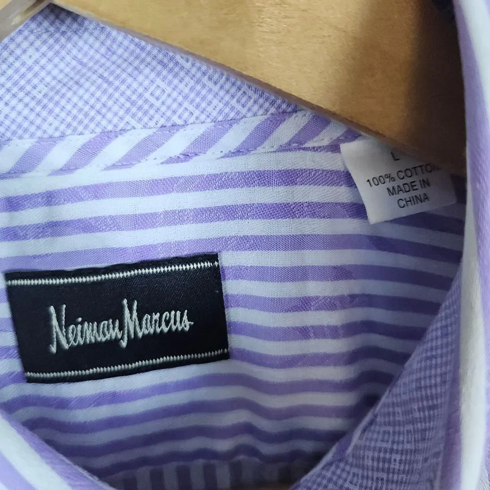 Neiman‎ Marcus Men's Shirt Size L Purple & White Stripes Floral 100% Cotton SPOT
